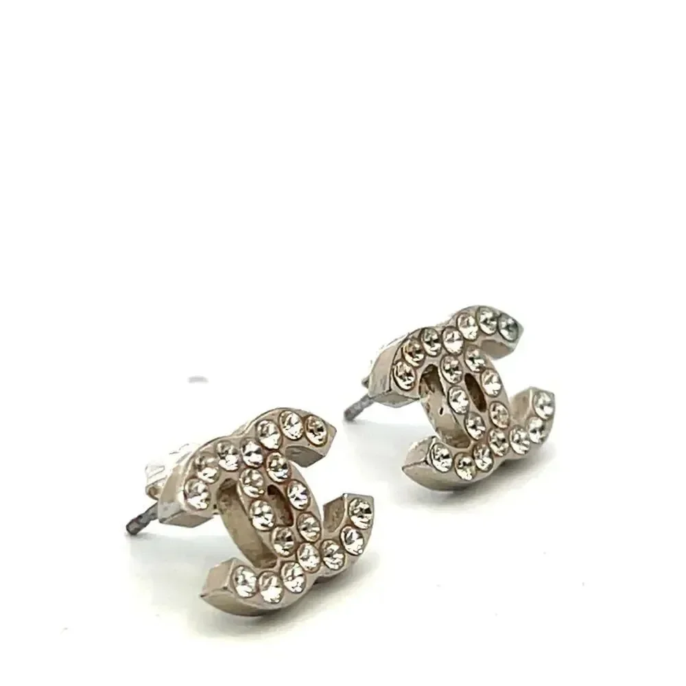 CHANEL CC Logos Rhinestone Stud Earrings Silver Tone
